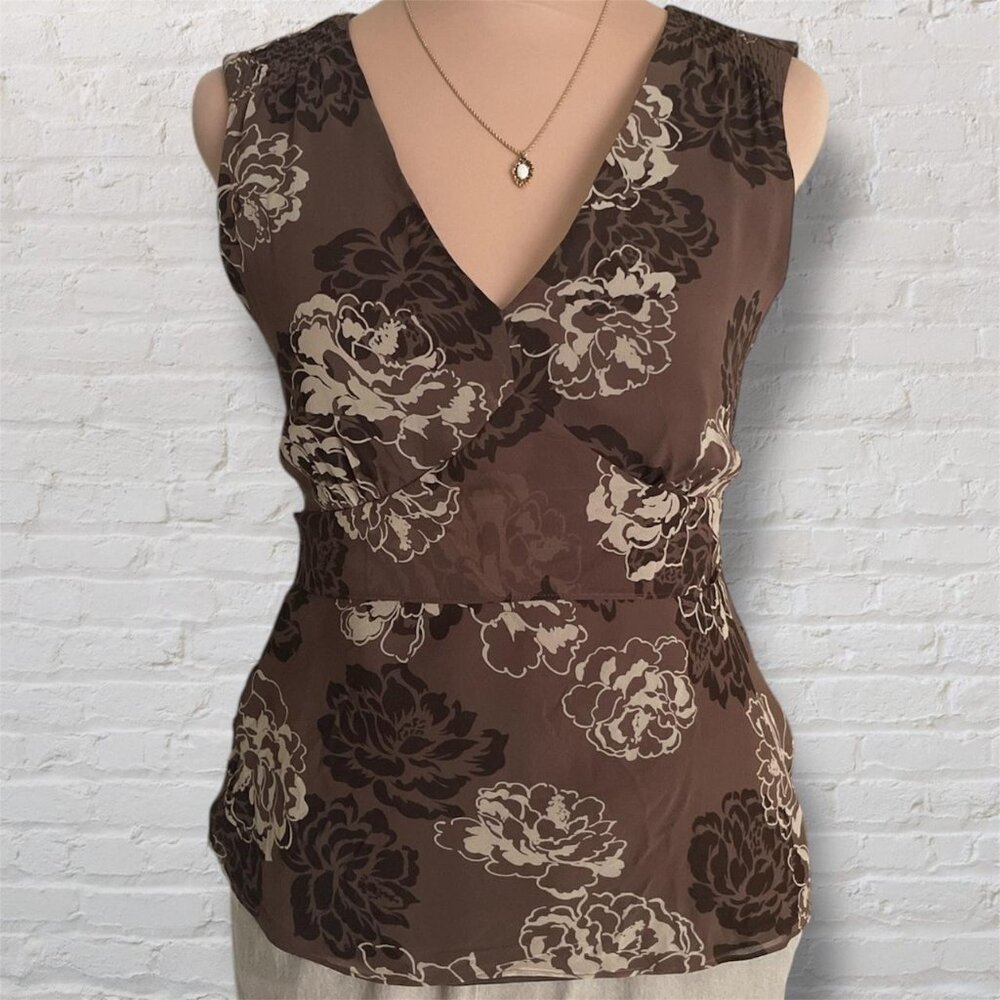 Ann Taylor Romantic 2000s Chocolate Brown Floral 100% Silk Top - Size XS